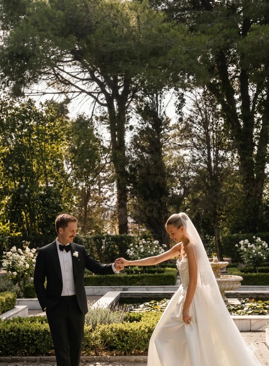 Bride and groom in the garden